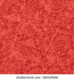 Lovely retro  style zentangle butterfly floral background in vector. Seamless pattern for textile, package, print, wrapping paper, web design. Soft orange hand drawn lines on active red background.
