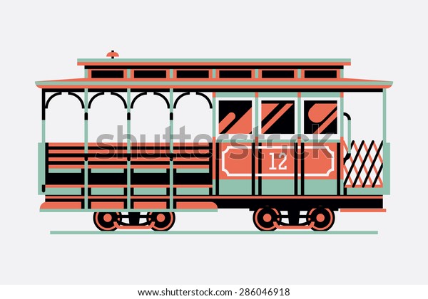 Lovely retro three colored cable car, side view,\
isolated | Mass transit vintage graphic element on cable rail car.\
Ideal for urban lifestyle, touristic and sightseeing graphic and\
web design