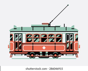 Lovely retro three colored tram car, side view, isolated | Mass transit vintage graphic element on electric tramway car. Ideal for urban lifestyle, touristic and sightseeing graphic and web design