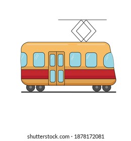 Lovely retro vector tram, side view, isolated. Flat simple children design.