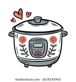 Bonito fogão de arroz adornado com floral e ilustração do coração	