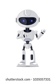 Lovely robot isolated on white background, vector illustration of smart pretty cyborg with lilac eyes and black elements standing with bent hands