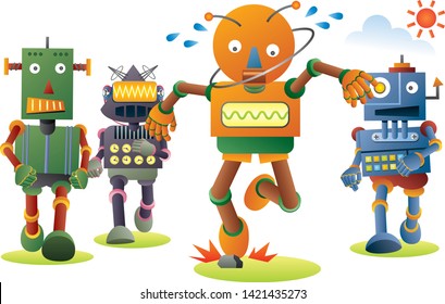 Lovely robots jogging for good healthy. Orange robot tripped on a stone.