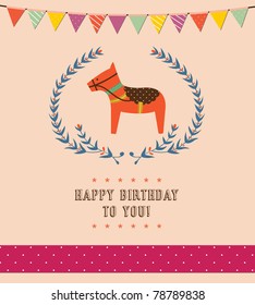 Lovely rocking horse with text for Happy Birthday card. Vector Illustration.