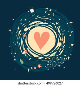 Lovely romantic card. Background made of animals and birds with heart in vector