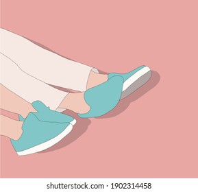 Lovely romantic couple lying and relaxing. Love concept. Top view. Empty place for lovely, cute text, quote or sayings on pastel pink paper background. Closeup.
