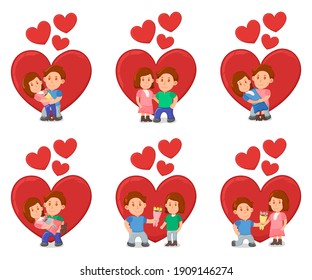 Lovely romantic couple standing hug and gift present, spring valentine day, date lover pair cartoon vector illustration, isolated on white. Red heart background, male and female romance appointment.