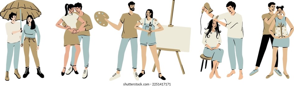 Lovely romantic couples illustration set doing different activities together  