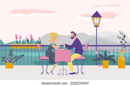 Lovely romantic date in cafe, couple sitting restaurant terrace, cozy place pair meeting flat vector illustration, natural landscape.