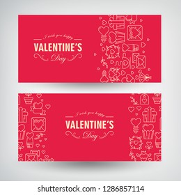Lovely romantic horizontal banners with greeting inscriptions and lined festive icons on red background vector illustration