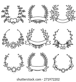 Lovely and romantic illustrations of different laurel wreaths set. Template for wedding, anniversary, birthday, invitations. Laurels, hearts, berries, flowers, leafs, labels, bow, stars.