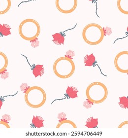 lovely romantic seamless pattern with rose flower and golden diamond ring on light background