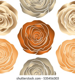 Lovely rose flowers in orange, beige and brown colors on white background. Vector seamless pattern. Can be used for festive greeting card, textil print or fabric.