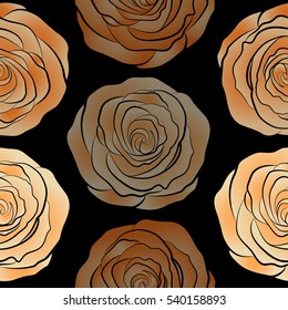 Lovely rose flowers in orange, beige and brown colors on black background. Vector seamless pattern. Can be used for festive greeting card, textil print or fabric.