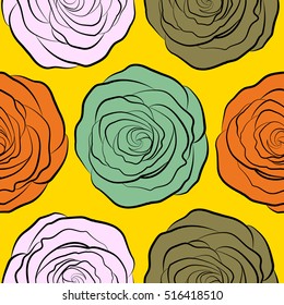 Lovely rose flowers in orange, neutral and yellow colors. Vector seamless pattern. Can be used for festive greeting card, textil print or fabric.