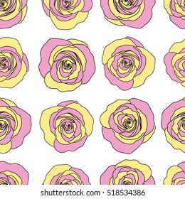 Lovely rose flowers in pink and yellow colors on white background. Vector seamless pattern. Can be used for festive greeting card, textil print or fabric.