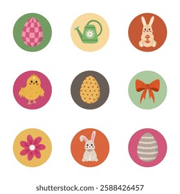 Lovely round cover icon with Happy Easter and spring cartoon clipart for different social media, blogs, business, branding. Highlight icons for stories with bunny, chick, Easter egg in warm colors.