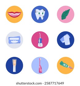 Lovely round cover icons with cartoon tooth hygiene clipart for different social media, business, branding. Highlight icons for stories with dental products and tools, bubble gum in vivid colors.