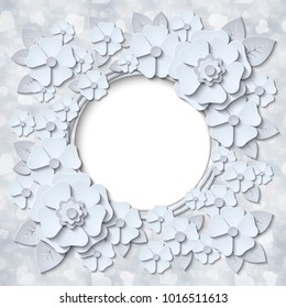 Lovely round frame with 3d paper cut out flowers. Vector illustration