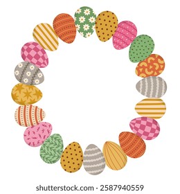 Lovely round frame with Easter eggs in bright colors for poster, design, social media. Multicolor circle wreath for Easter with hand drawn ornate eggs with stripes, check, stars, dot, twirl pattern.