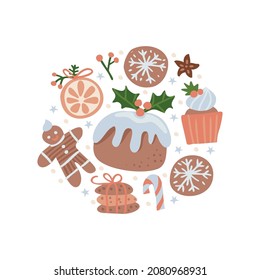 Lovely round shap composition for Merry Christmas disign. Decorative circle concept with traditional winter holiday season sweets, bakery and spices. Flat hand drawn vector illustration.