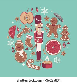 Lovely round shaped "Merry Christmas' vector decorative composition with nutcracker, traditional winter holiday season sweets, spices, dried citrus slices, gingerbread cookies, snowflakes, etc.