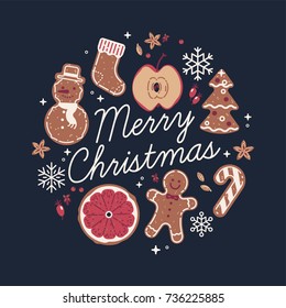 Lovely round shaped "Merry Christmas' vector decorative composition with traditional winter holiday season sweets, bakery and spices
