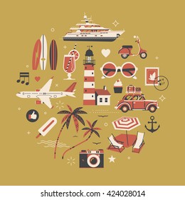 Lovely round shaped vector design element on summer travel and vacation. Beach trip fun background. Decorative flat design travel illustration with plane, palms, lighthouse, surfboards, yacht and more