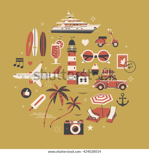 Lovely round shaped vector design element on summer\
travel and vacation. Beach trip fun background. Decorative flat\
design travel illustration with plane, palms, lighthouse,\
surfboards, yacht and\
more