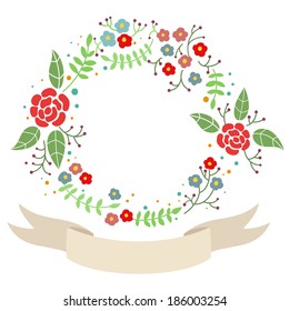 Lovely round vector frame with flowers and ribbon