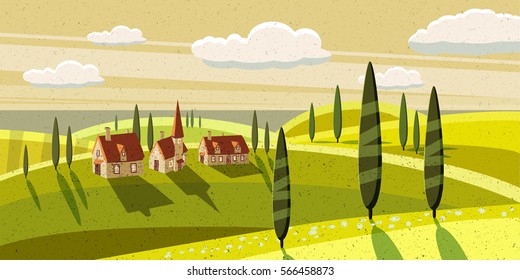 Lovely Rural Landscape, Farm, Meadows, Cypress, Cartoon Style, Vector Illustration