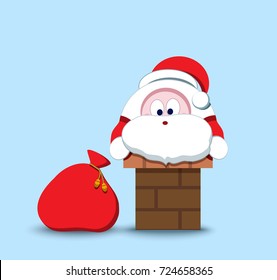 Lovely Santa Claus. Christmas symbol. Stylized character. New Year sticker. Illustration with emotion. A bearded old man in a red fur coat. The child hero climbs into the chimney.