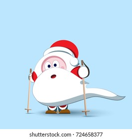 Lovely Santa Claus. Christmas symbol. Stylized character. New Year sticker. Illustration with emotion. A bearded old man in a red fur coat. Children's hero on skis.