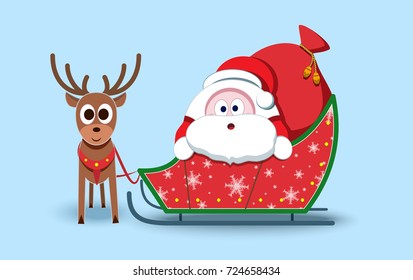 Lovely Santa Claus. Christmas symbol. Stylized character. New Year sticker with a deer. Illustration with emotion. A bearded old man in a red fur coat. Children's hero in the sled.