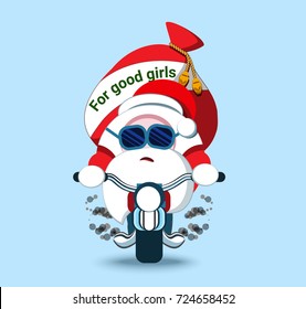 Lovely Santa claus on a bike. Christmas symbol. Stylized character. New Year sticker. Illustration with emotion. Bearded biker in a red fur coat. Children's hero. Gifts for girls.
