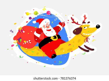 Lovely Santa Claus on a yellow dog. Chinese New Year and Christmas. Vector illustration isolated on white background. Suitable for printing and the web.
