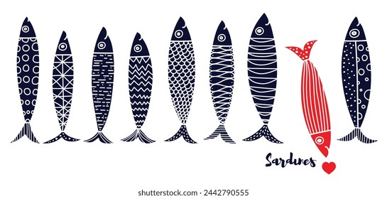 Lovely sardines. Interior poster with blue fish. Cute illustration.