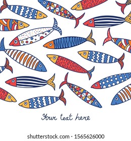 Lovely sardines. Postcard with colorful fish.