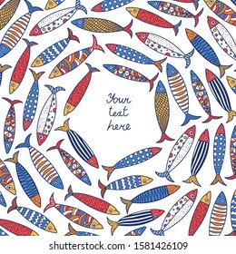 Lovely sardines. Postcard with colorful fish.