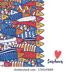 Lovely sardines. Postcard with colorful fish.