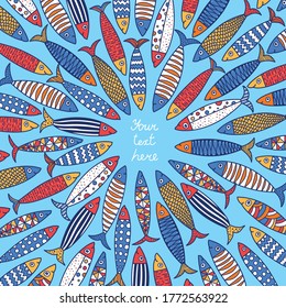 Lovely sardines. Postcard with colorful fish.