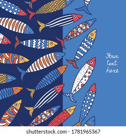 Lovely sardines. Postcard with colorful fish.