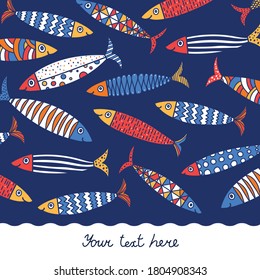 Lovely sardines. Postcard with colorful fish.
