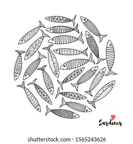 Lovely sardines. Postcard with line fish.