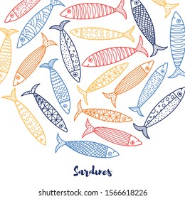 Lovely sardines. Postcard with line fish.