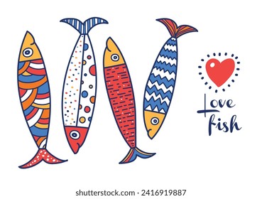 Lovely sardines. Poster with colorful fish.