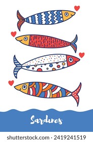 Lovely sardines. Poster with colorful fish. Cute illustration.