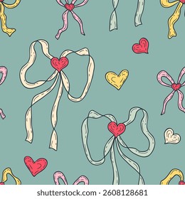 Lovely satin bow knots and hearts seamless pattern. Beautiful retro print for fabric, paper, textile. Hand drawn vector illustration.