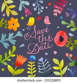 Bonito salva la carta de fecha con encantadores pájaros enamorados. Flores asombrosas hechas con la técnica de acuarela. Brillante tarjeta romántica con flores de verano en vector. Tremendos antecedentes para diseños románticos