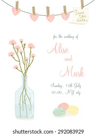 Lovely save the date card in vector. Sweet and cute background with beautiful flowers in popular, pastel colors